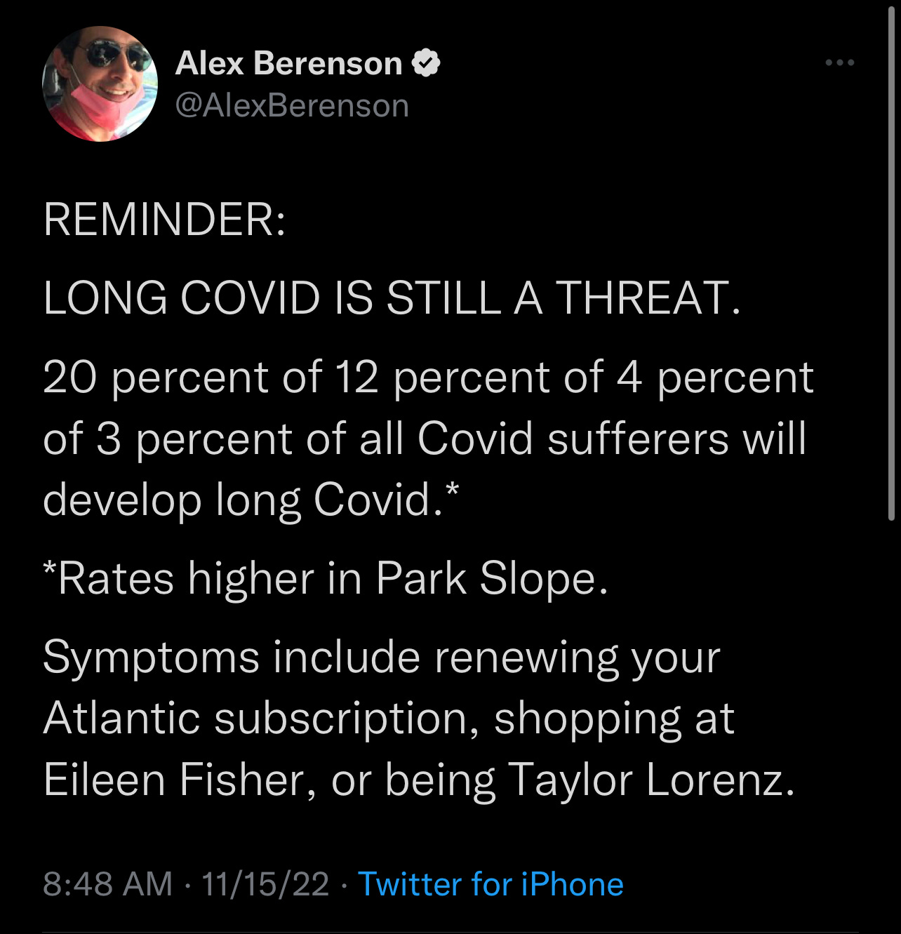A tweet of Alex Berenson ridiculing Long COVID.