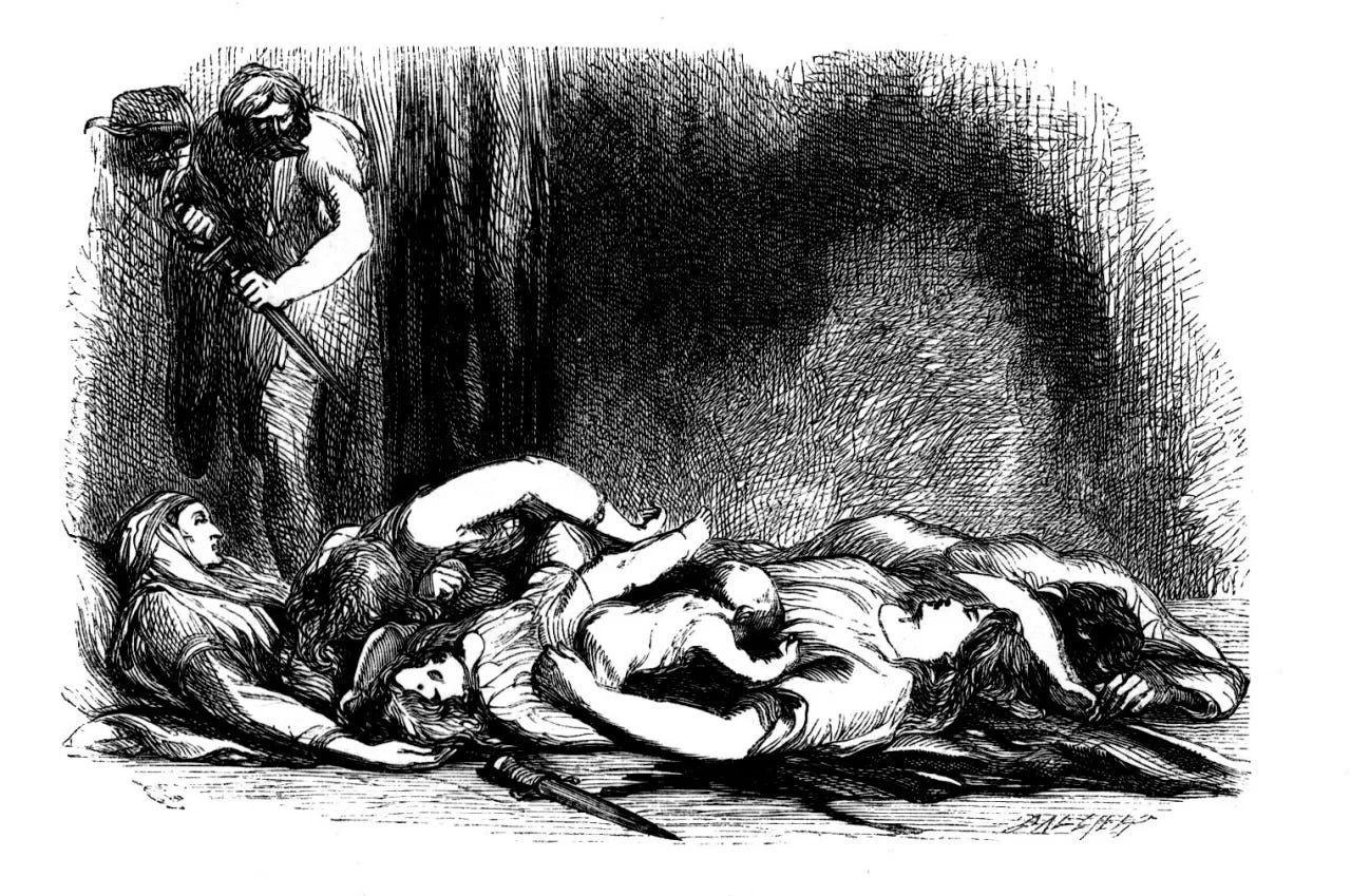 A black and white Victorian etching of a pile of corpses. A woman and two small children are in the foreground.