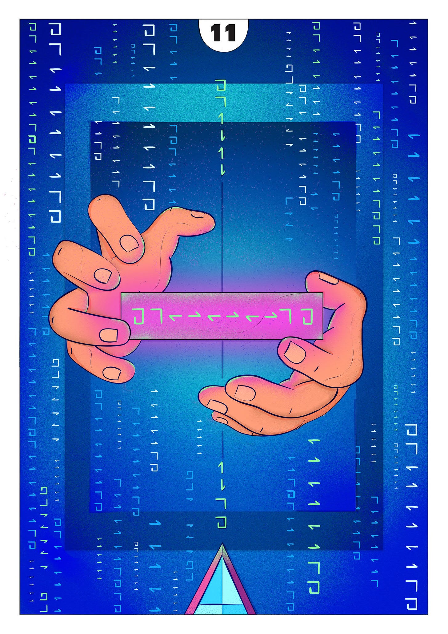 A blue background. Vertical lines of symbols used to map story structure fall Matrix-like in vertical lines. The hands frame a tablet on which the Quest structure is symbolised.