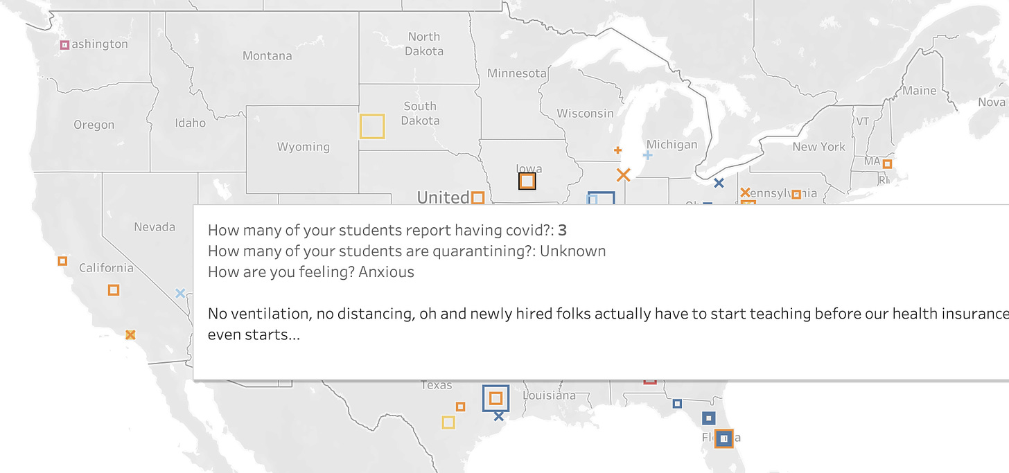 screenshot of a map showing campus worker responses to our feelings survey. Caption says: How many of your students report having covid? 3. How many of your students are quarantining? unknown. How are you feeling? Anxious. "No ventilation, no distancing, oh and newly hired folks actually have to start teaching before our health insurance even starts..."
