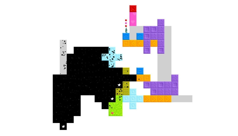 Colorful, textured blocks spread out over white space. Small player sprite visible standing among them.