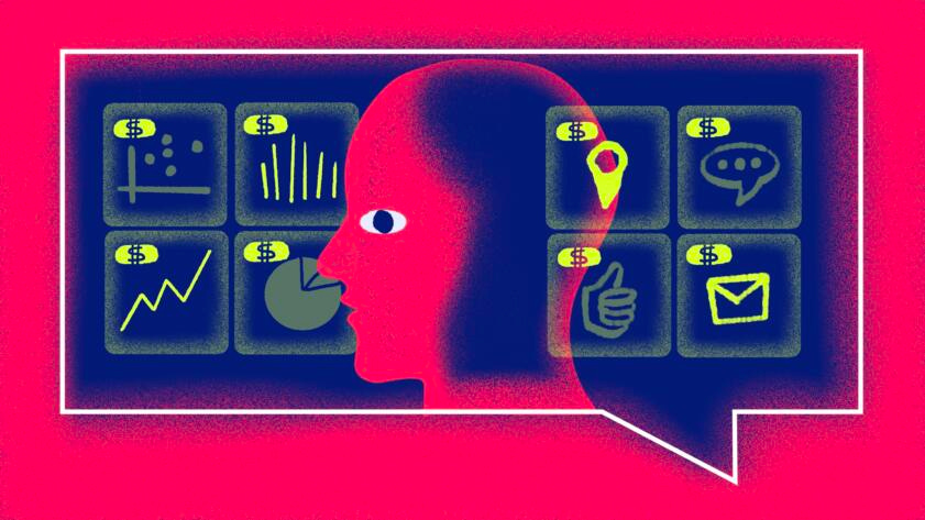 Illustration of profile of head. Green icons of data are to the left and right of this person.