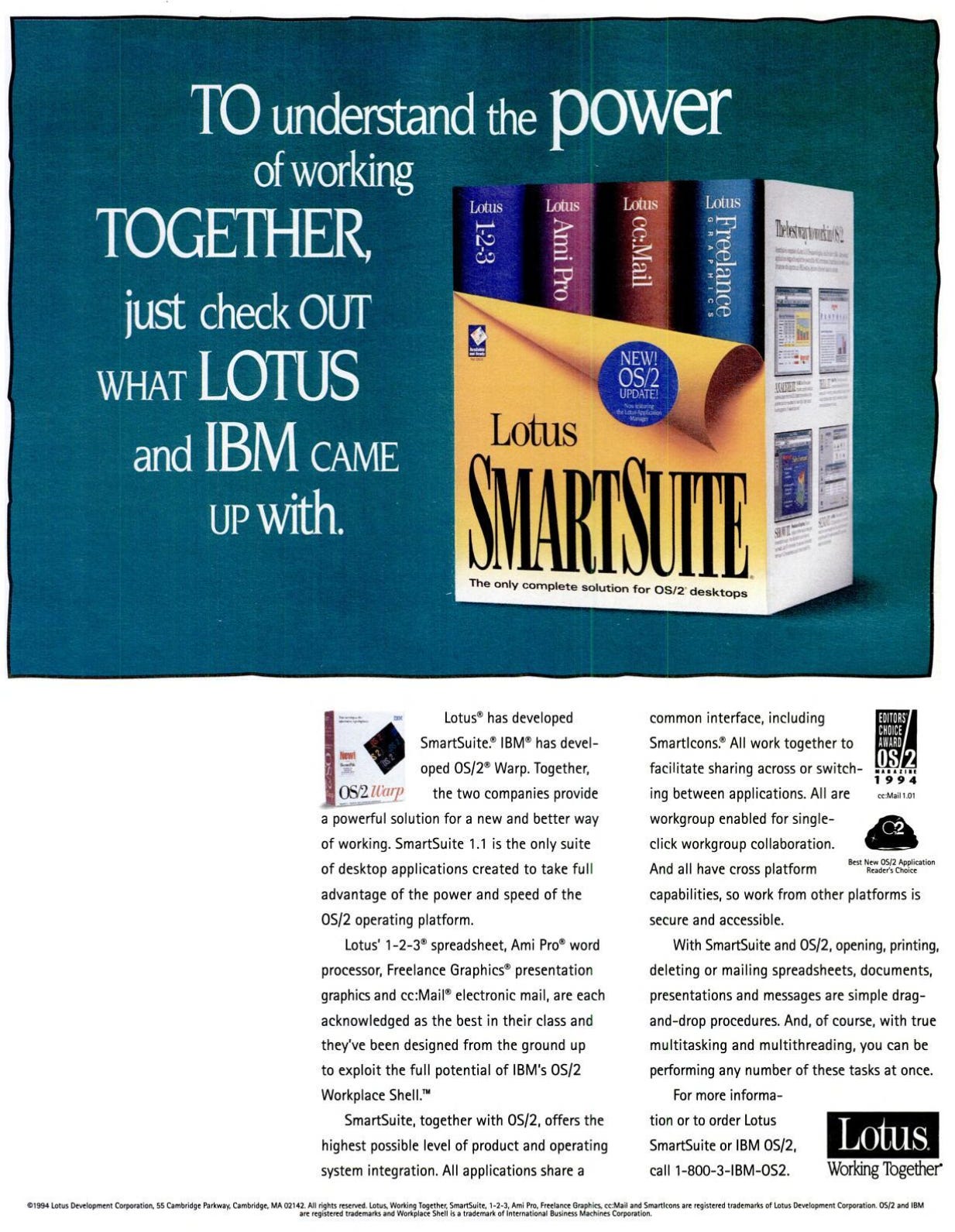 Full page advertisement for Lotus SmartSuite "To understand the power of working together just check out what LOTUS and IBM came up with"