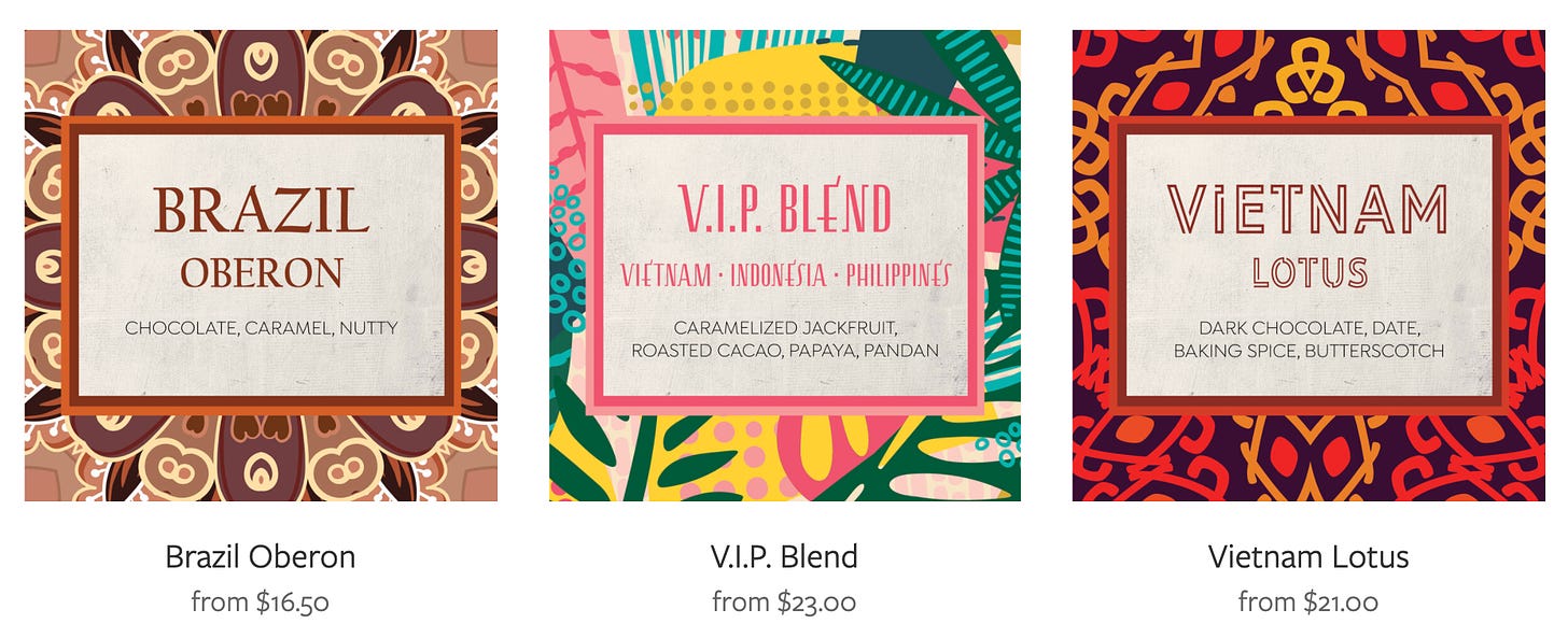 Labels of Mostra Coffee. Patterned background designs and links to the Mostra Coffee website.