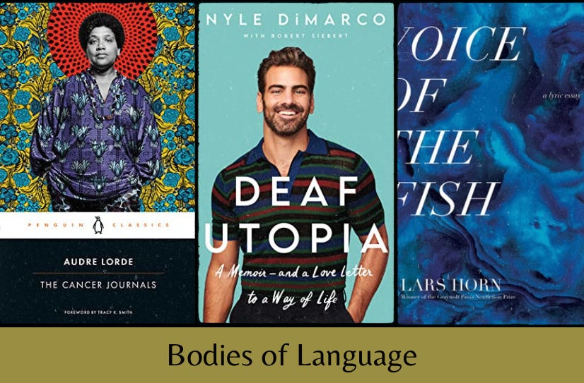 Covers of the three featured books in a row, above the text ‘Bodies of Language’ on a green background.
