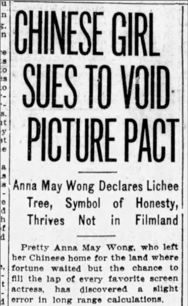 newspaper clipping from SF Examiner, July 18, 1924, with headline: Chinese Girl Sues to Void Picture Pact