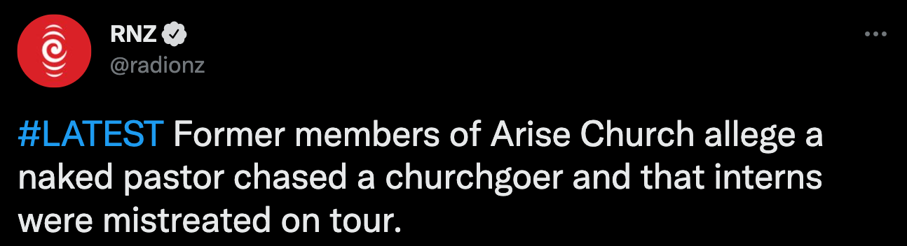 RNZ twitter: "#LATEST Former members of Arise Church allege a naked pastor chased a churchgoer and that interns were mistreated on tour."