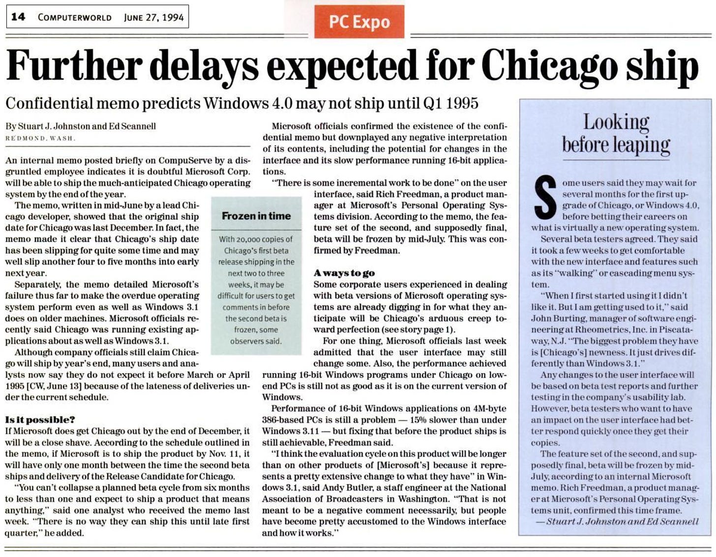 Further delays expected for Chicago -big article from June 27, 1994.