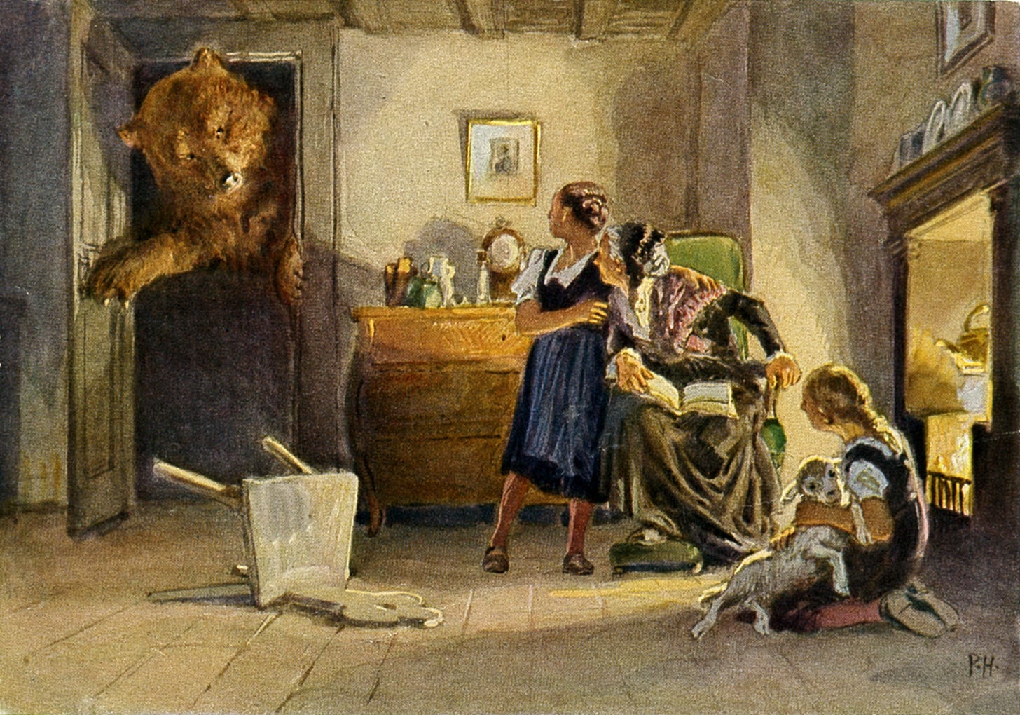 Bear entering room full of children in illustration from a Grimms' fairy tale