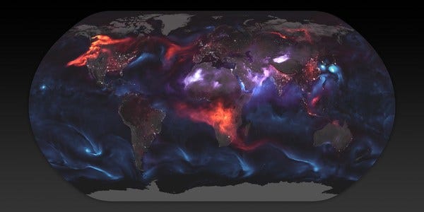 World map shows aerosol billowing in the wind