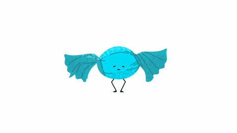 Un "gueffu" sardo animato che agita le estremità come se fossero ali: i gueffus sono dolcetti di pasta di mandorle avvolta in carta velina colorata.