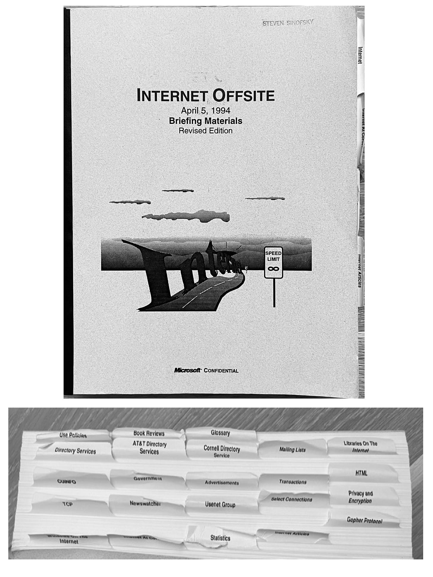 Photo of the internet offsite briefing book and a photo of the tabs dividing sections.