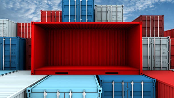 An empty shipping container. An empty shipping container.