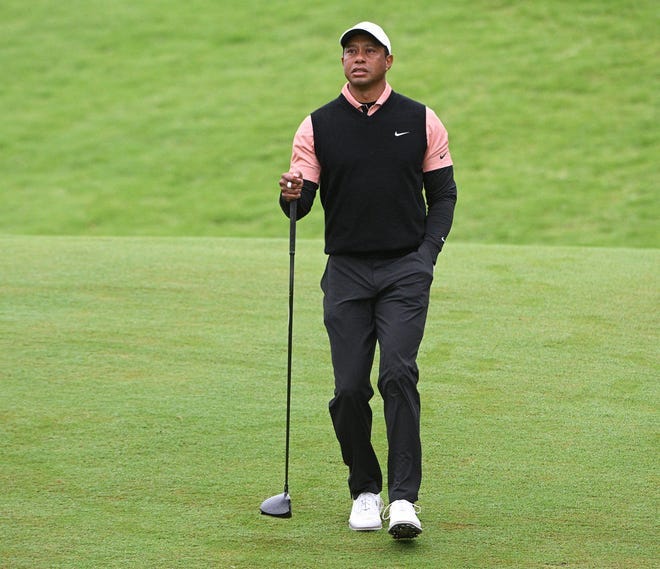 Tiger Woods walks down the first fairway during the third round of the 2022 PGA Championship.