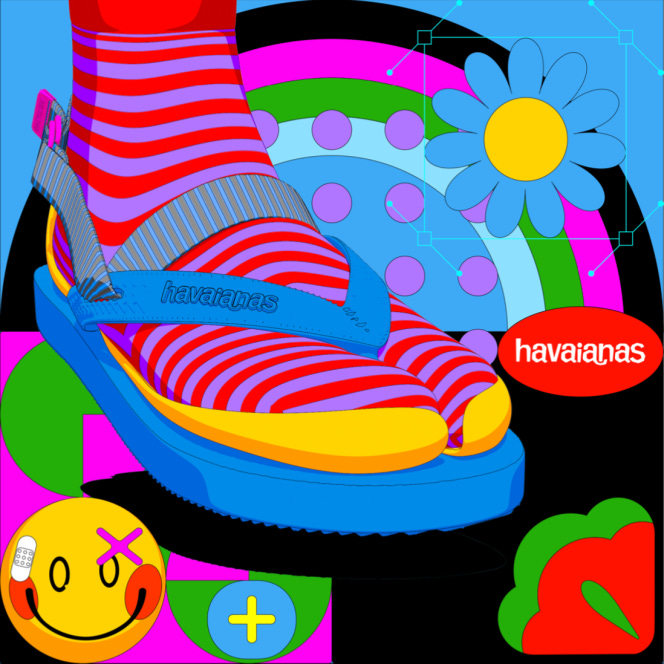 La Happy Spring, une des cinq paires de tongs créées sous forme d’œuvres numériques par l’artiste brésilien Adhemas Batista pour Havaianas. La Happy Spring, une des cinq paires de tongs créées sous forme d’œuvres numériques par l’artiste brésilien Adhemas Batista pour Havaianas.