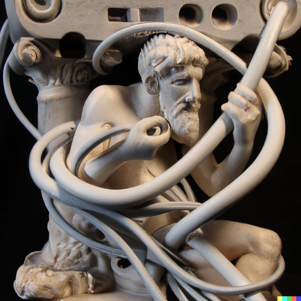 r/dalle2 - "An IT-guy trying to fix hardware of a PC tower is being tangled by the PC cables like Laokoon. Marble, copy after Hellenistic original from ca. 200 BC. Found in the Baths of Trajan, 1506."
