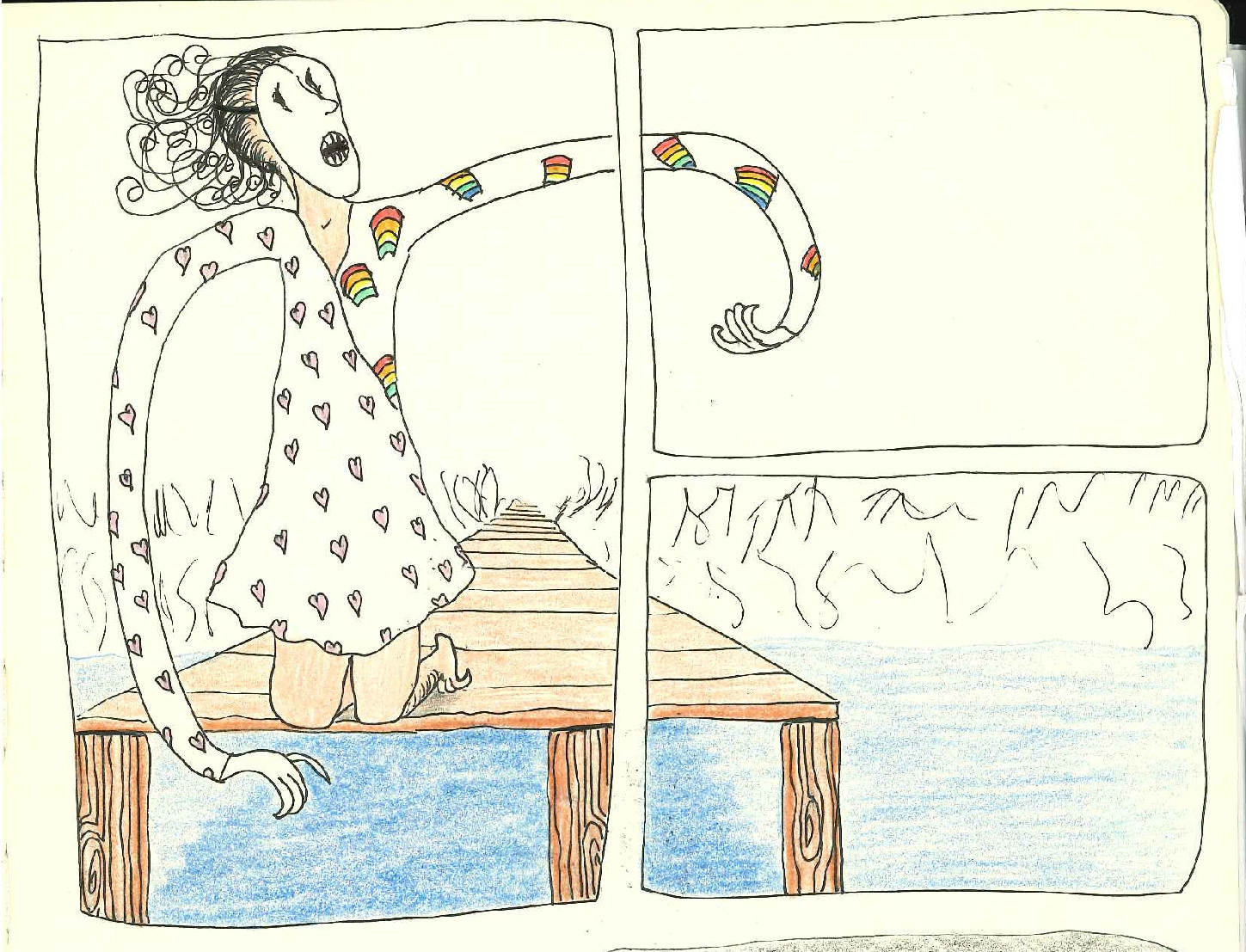 a drawing of a girl wearing a dress with hearts and rainbows who is kneeling at the edge of a dock over a body of water. Her arms are unnaturally long with fake hands and she wears a mask.