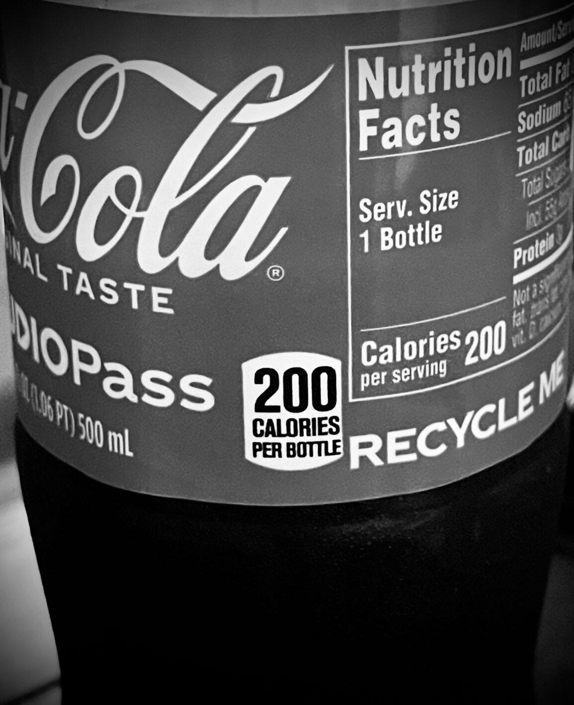 coke 200 death defying calories a 16.9 oz. bottle. I remember when they went from 12 to 16. Everyone thought that was crazy! And it was. Everyone's weight went up by that % and died earlier by that %.