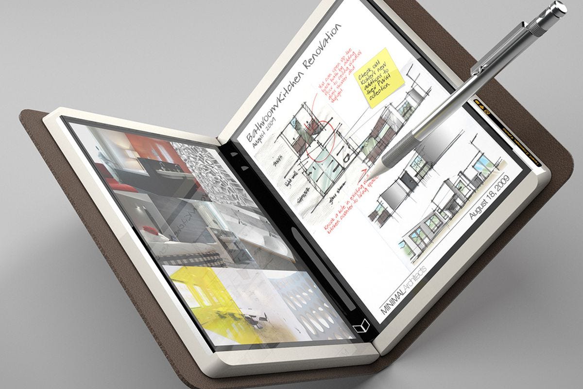 A screenshot of the rendering movie of the Courier device showing the device partially folded. there are two screens in a leather binder with a pen/stylus in the middle. one screen is a drawing. the other screen seems to be photos.