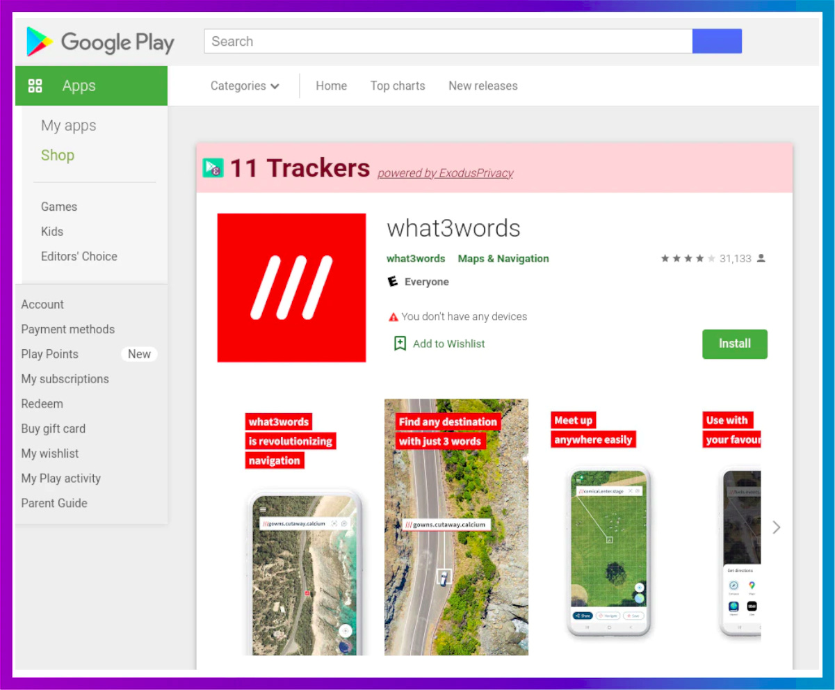 What3Words app for Android has 11 embedded trackers.