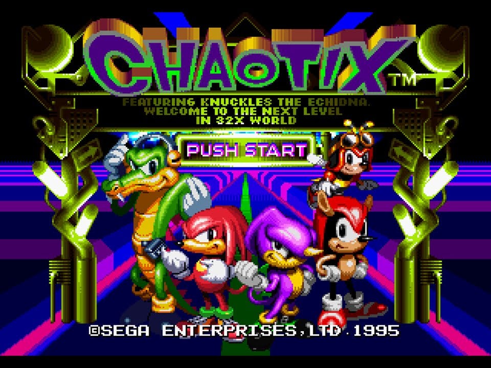 The title screen of Knuckles' Chaotix, featuring the titular Chaotix, and also Knuckles