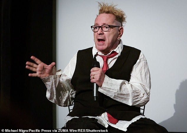Passionate rant: Sex Pistols rocker John Lydon has hit out at 'spoilt' snowflakes and declared wokeness a 'load of b******s' (pictured 2019)