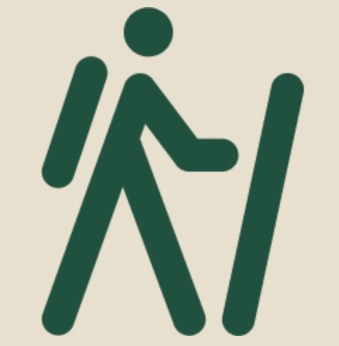 beige and green graphic depicting stick person walking with walking stick