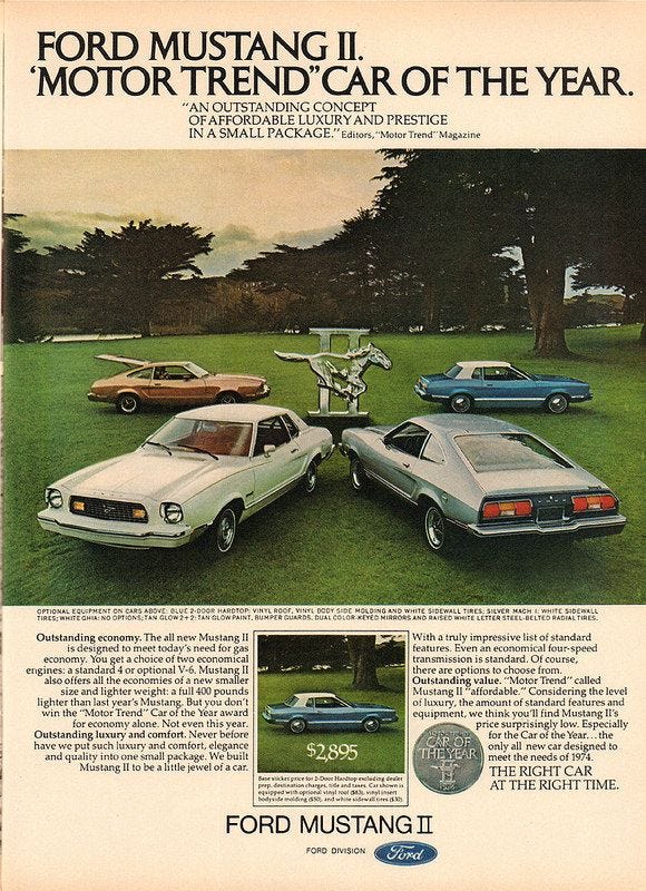 1974 Ford Mustang II Advertisement Motor Trend March 1974 | Mustang ii,  Ford mustang, Mustang