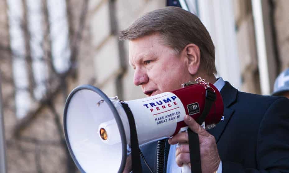 Jim Marchant addresses a crowd in front of the Nevada Capitol in March 2021