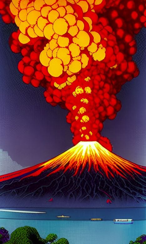 image in a Japanese woodblock style of a volcano erupting.