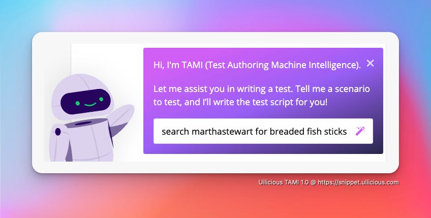 picture of our ai assistant being provided a description of a test script "search marthastwewart for breaded fish sticks"