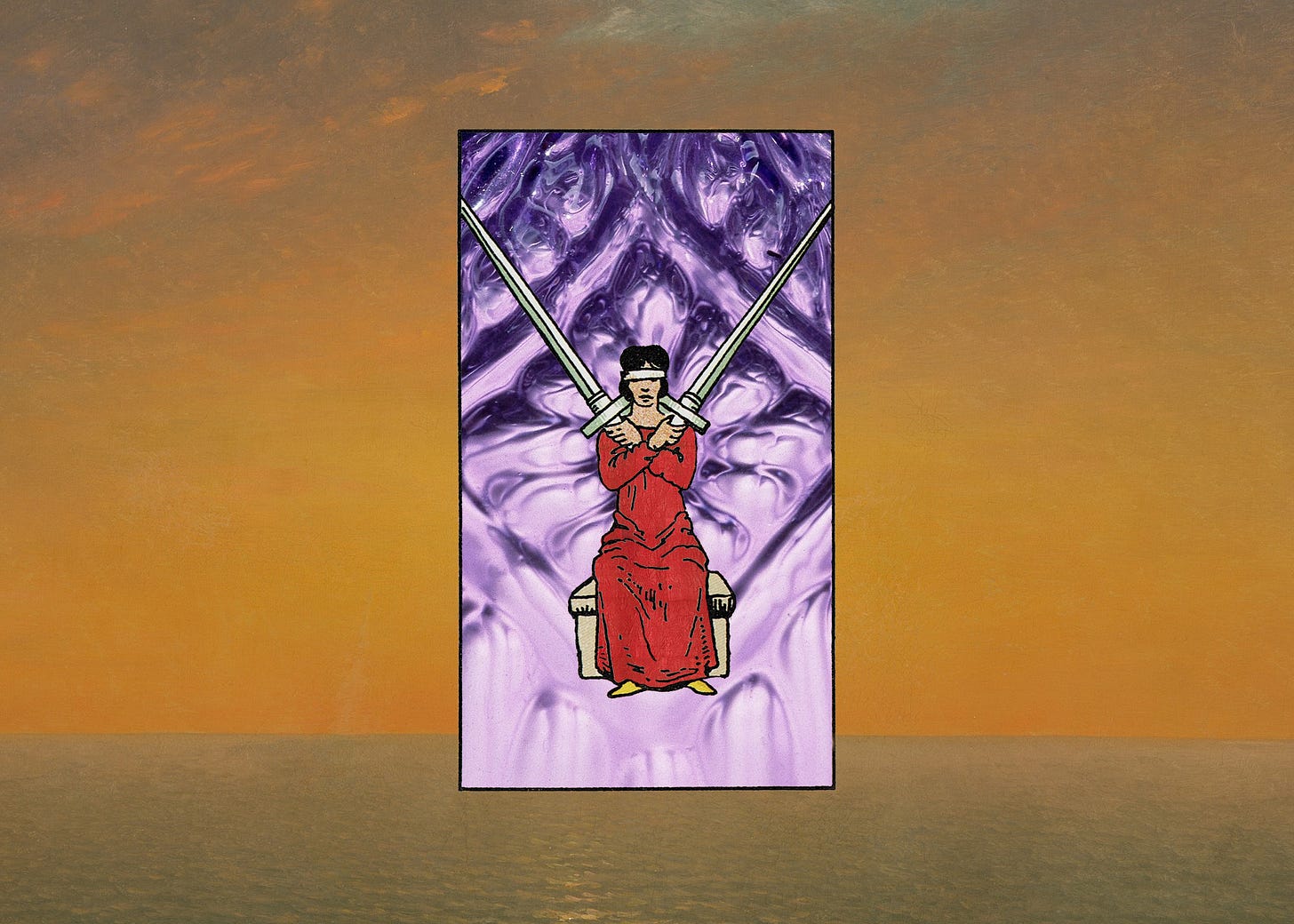 A painting of a sunset over the ocean has the two of swords tarot card on it, which is set on a background of stained glass and materials