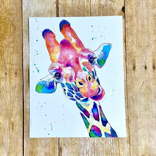 Ziggie Giraffe, a painting of a multicolored watercolor giraffe in shades of blue, green, pink and purple