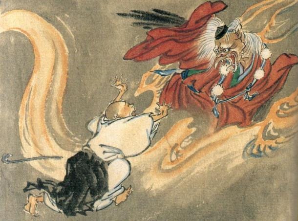 Tengu and a Buddhist monk, the Tengu wears the cap and pom-pommed sash of a follower of Shugendō