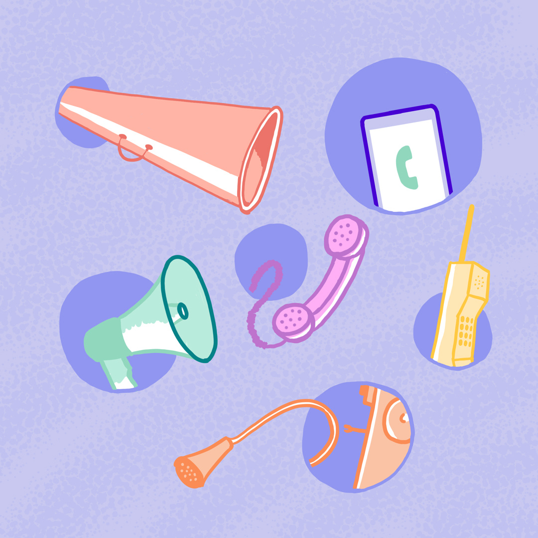  Image description: This illustration of six forms of vocal amplification and telephony include a megaphone, a smart phone, a rotary phone, a cellular phone, and a wall cabinet phone against a blue background. 