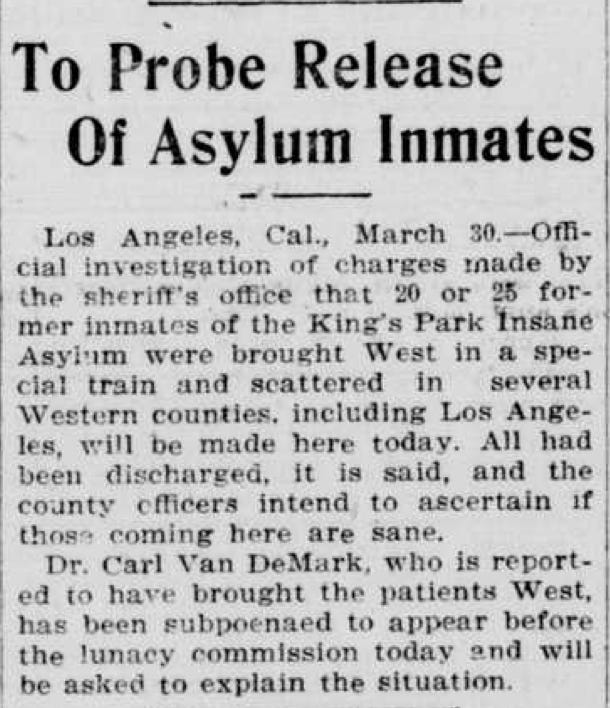 Newspaper article: To Probe the Release of Asylum Inmates