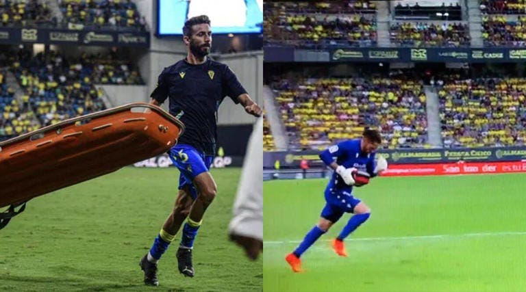 Watch: Cadiz players Jose Mari and Jermias Ledesma help carry stretcher, defibrillator for a spectator who suffers cardiac arrest during match
