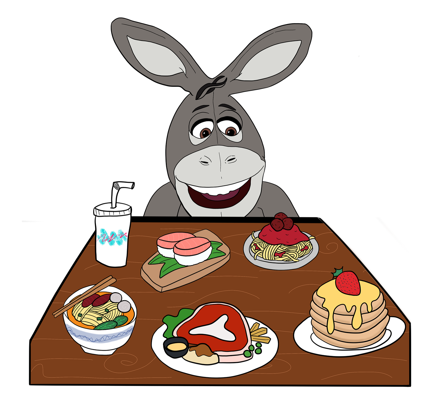 Hoté the Donkey sitting at a table loaded with food.