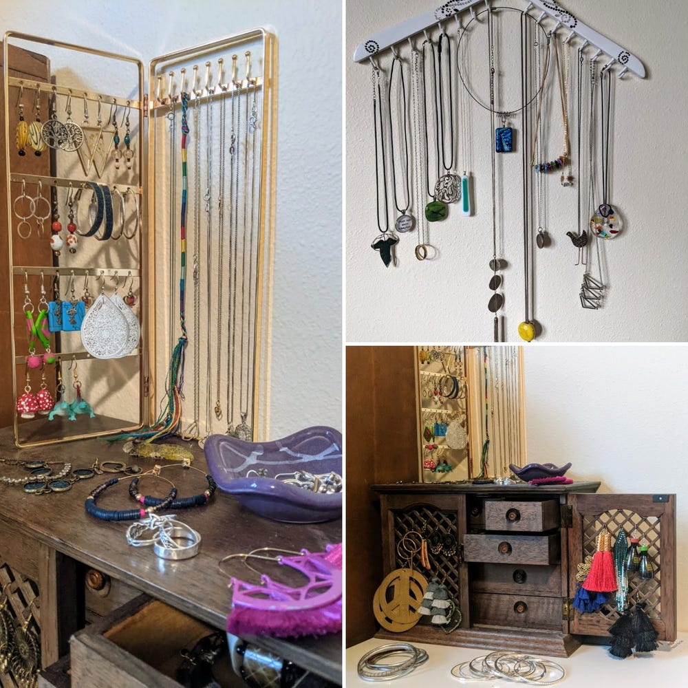 Three pictures of Lydia's jewelry collection, including a brown wooden jewelry box with doors and drawers that has earrings hanging off it, a hanger with necklaces suspended on hooks, and a square bifold jewelry stand loaded with earrings and necklaces.