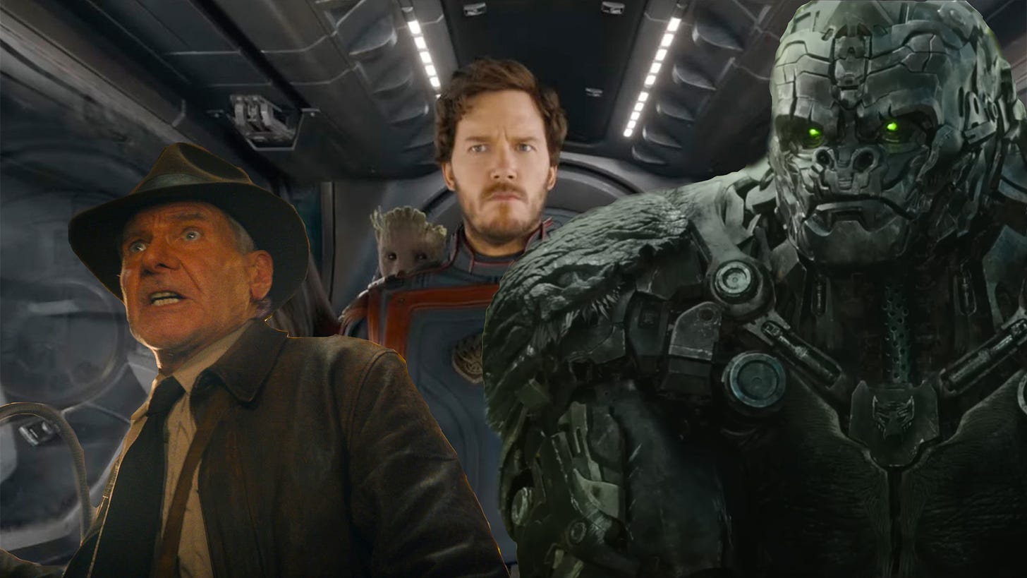 A collage image of Peter Quill, Indiana Jones, and Optimus Primal