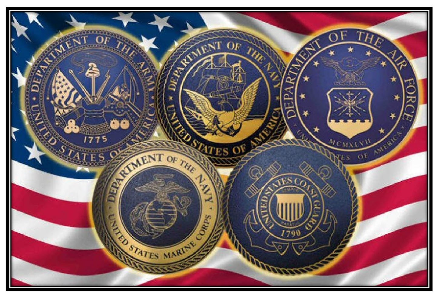 Emblems for each military branch are super imposed on the American flag.