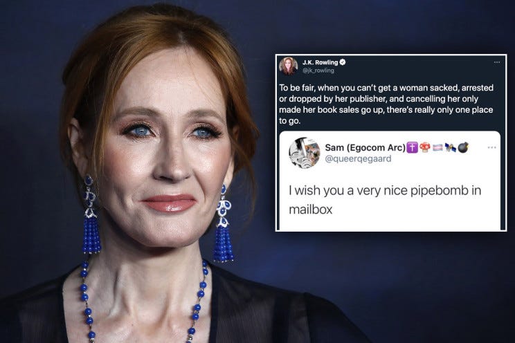 J.K. Rowling has mocked a Twitter troll who threatened her with a pipe bomb because of her views on gender.