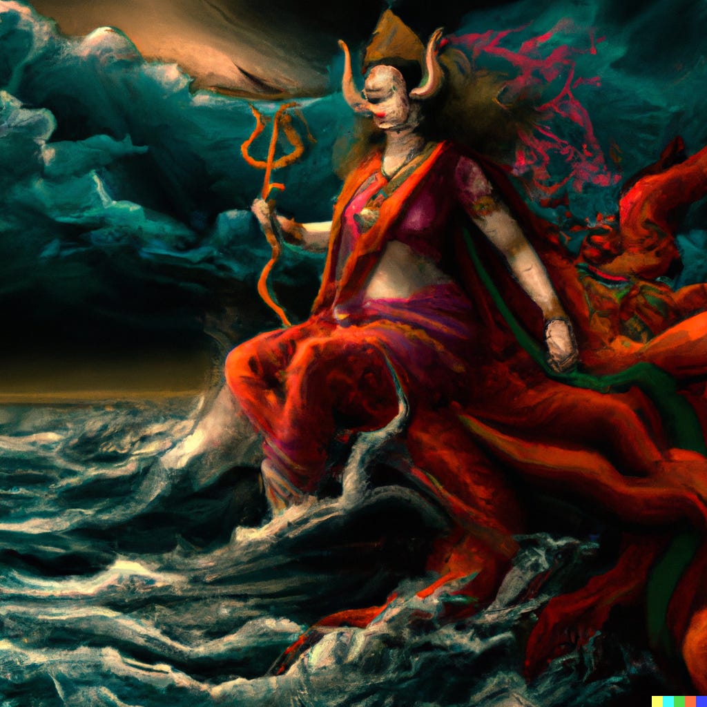 A light-skinned woman sits in the dark ocean waves with dark clouds dominating the sky and some hint of saffron sunset in the top left. She is wearing a red sari that flies out behind her in the wind and is holding a trident in her right hand. She also has curved horns coming out the sides of her head like an Indian cow.