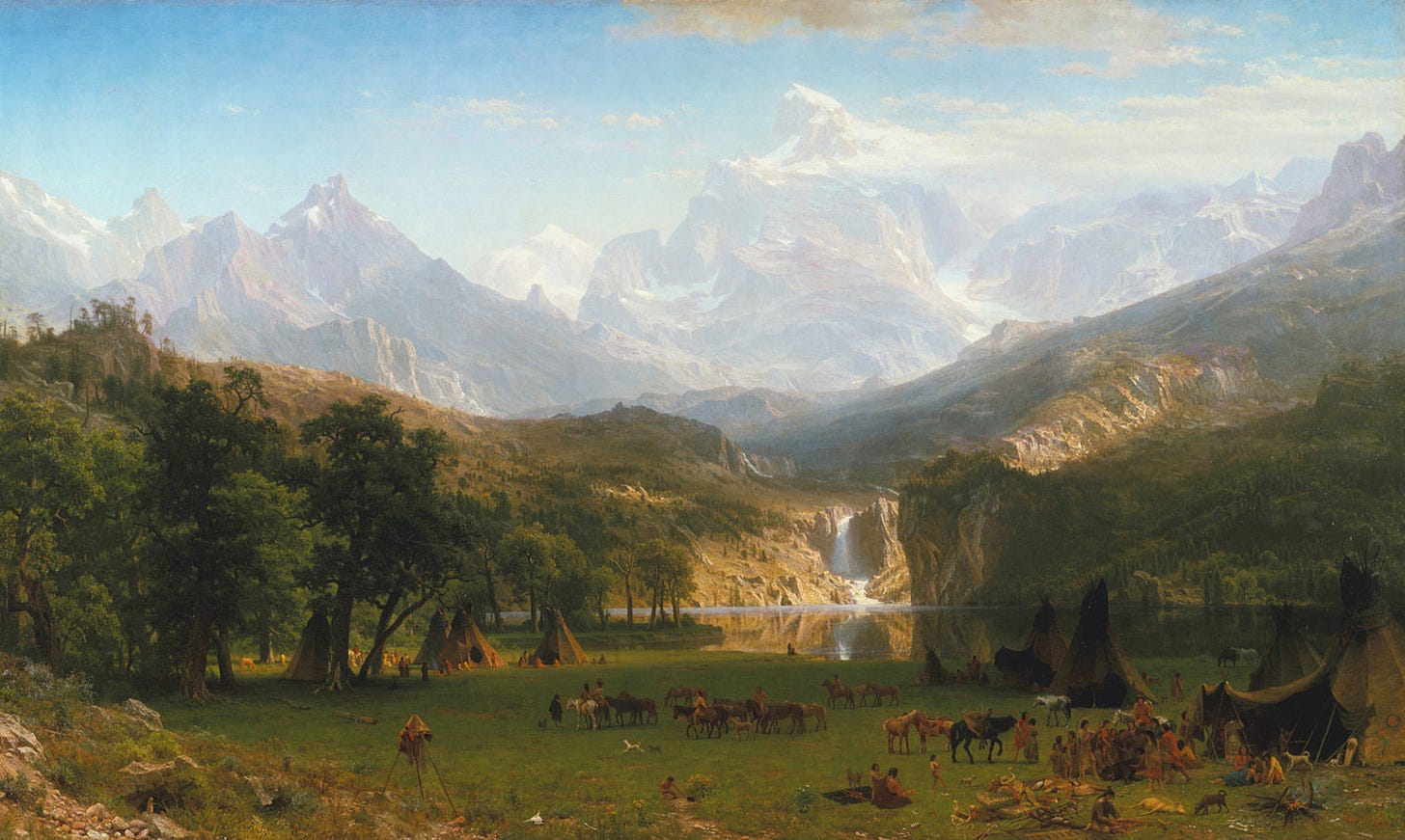 A painting of a landscape with mountains and a waterfall, and Native Americans camped in the foreground