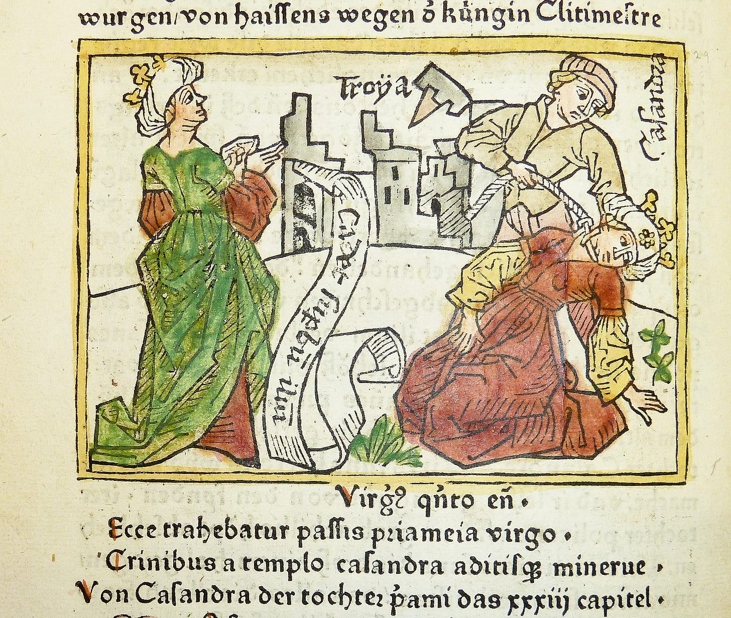 Circa 1474, a German woodcut illustration of Cassandra's prophecy of the fall of Troy and of her death, from the Penn Provenance Project (via Wikipedia)