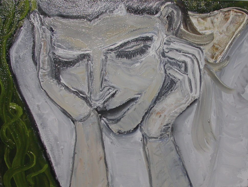 Painting that embodies feelings of sadness depicting a sad woman holding her head in her hands by artist Amy Adams