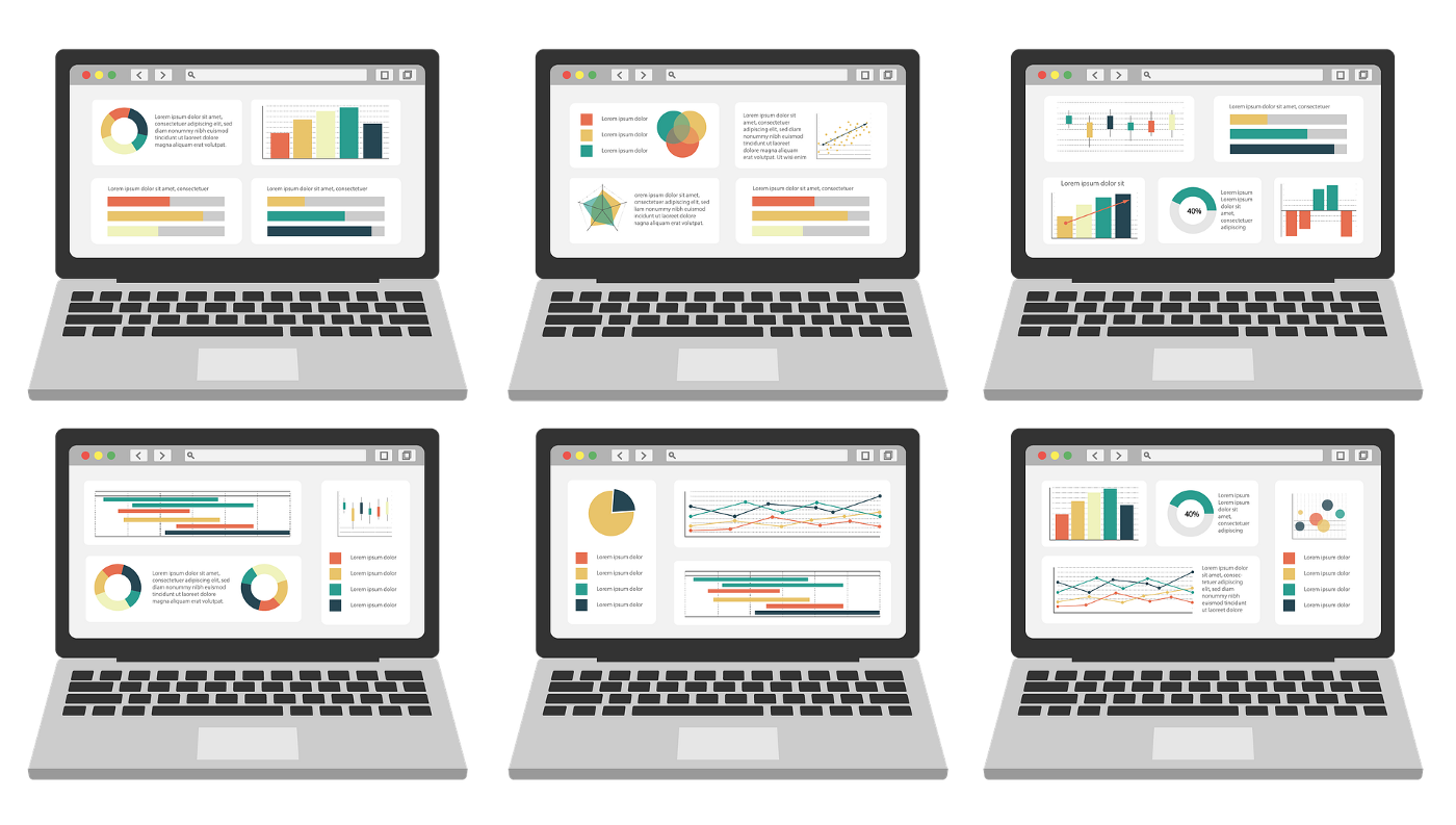 A laptop showing 6 different screens of different visualizations regarding different data. This includes bar charts, pie charts, dashboards, and other visualizations that serve as representations of data.