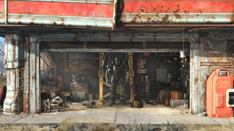 Fallout 4 garage with a power suit inside