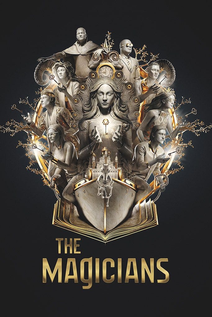 Official poster for The Magicians showing all the casts as statues