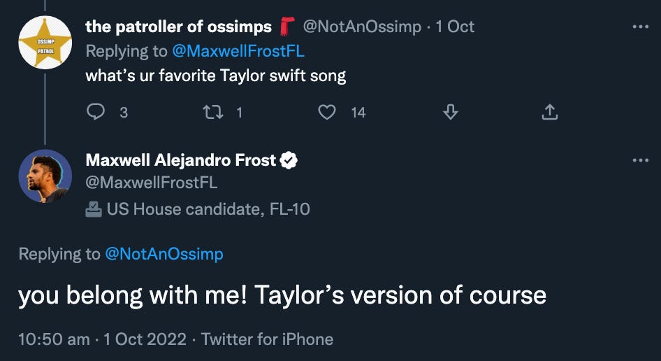 A tweet from Frost in response to someone asking what his favourite Taylor Swift song is with, "you belong with me! Taylor's version of course"